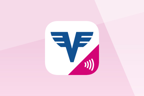 Rosafarbener Hintergrund mit eingebettetem Volksbank-Logo und dem Symbol für kontaktloses Bezahlen.